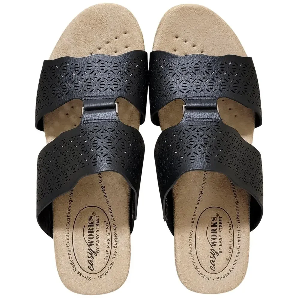 Easy Street Women Rin Double Strap Wedge Heel Slide Sandals Size US 8W Black
